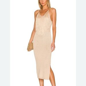 525 America Beige Oat Fringe Tank Midi Dress crochet knit XS
